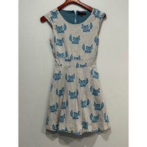 SM Wardrobe Blue Fox Print‎ Sleeveless Cotton Fit and Flare Dress Small